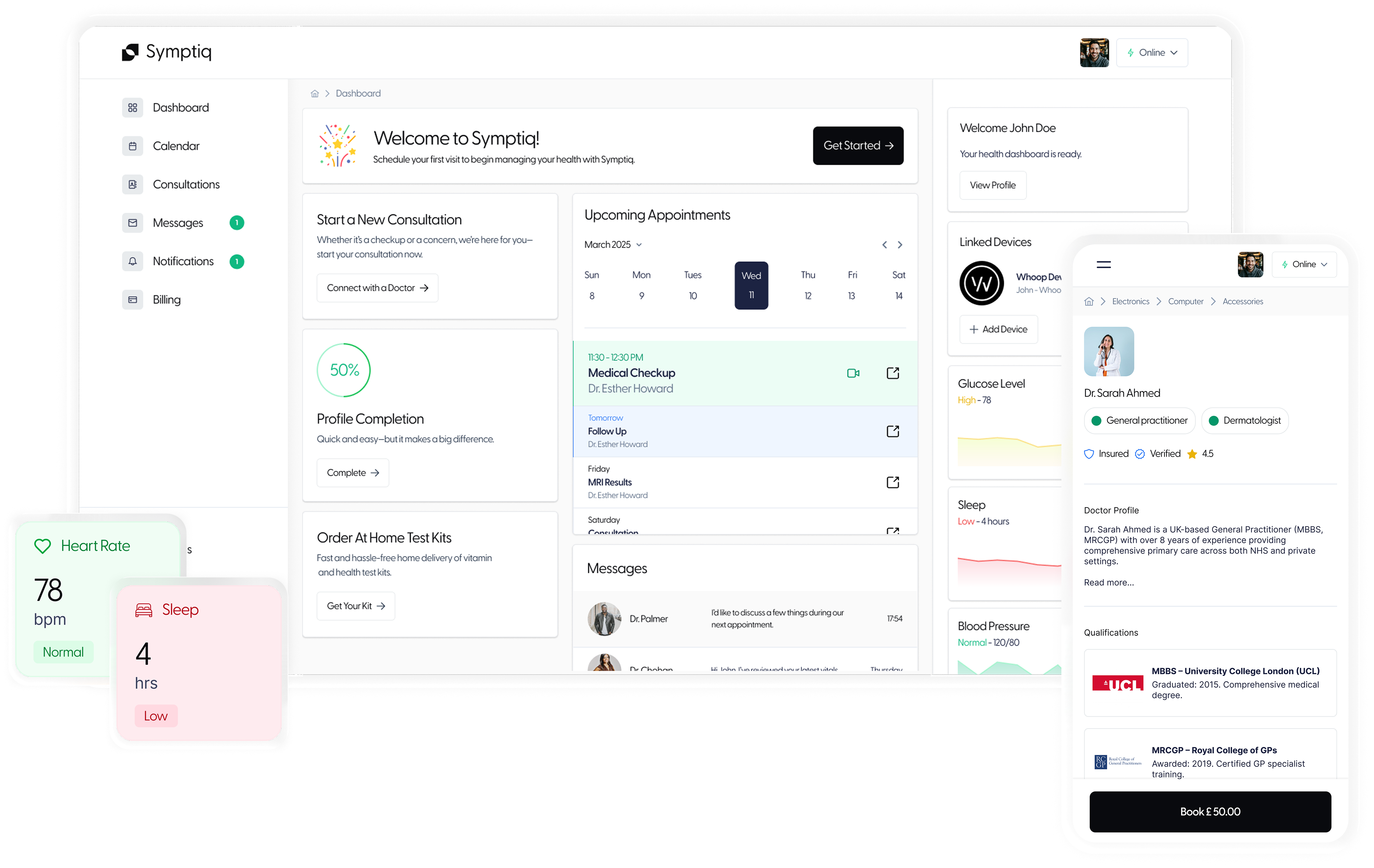 Symptiq dashboard, mobile doctor profile, heart rate and sleep tracking cards