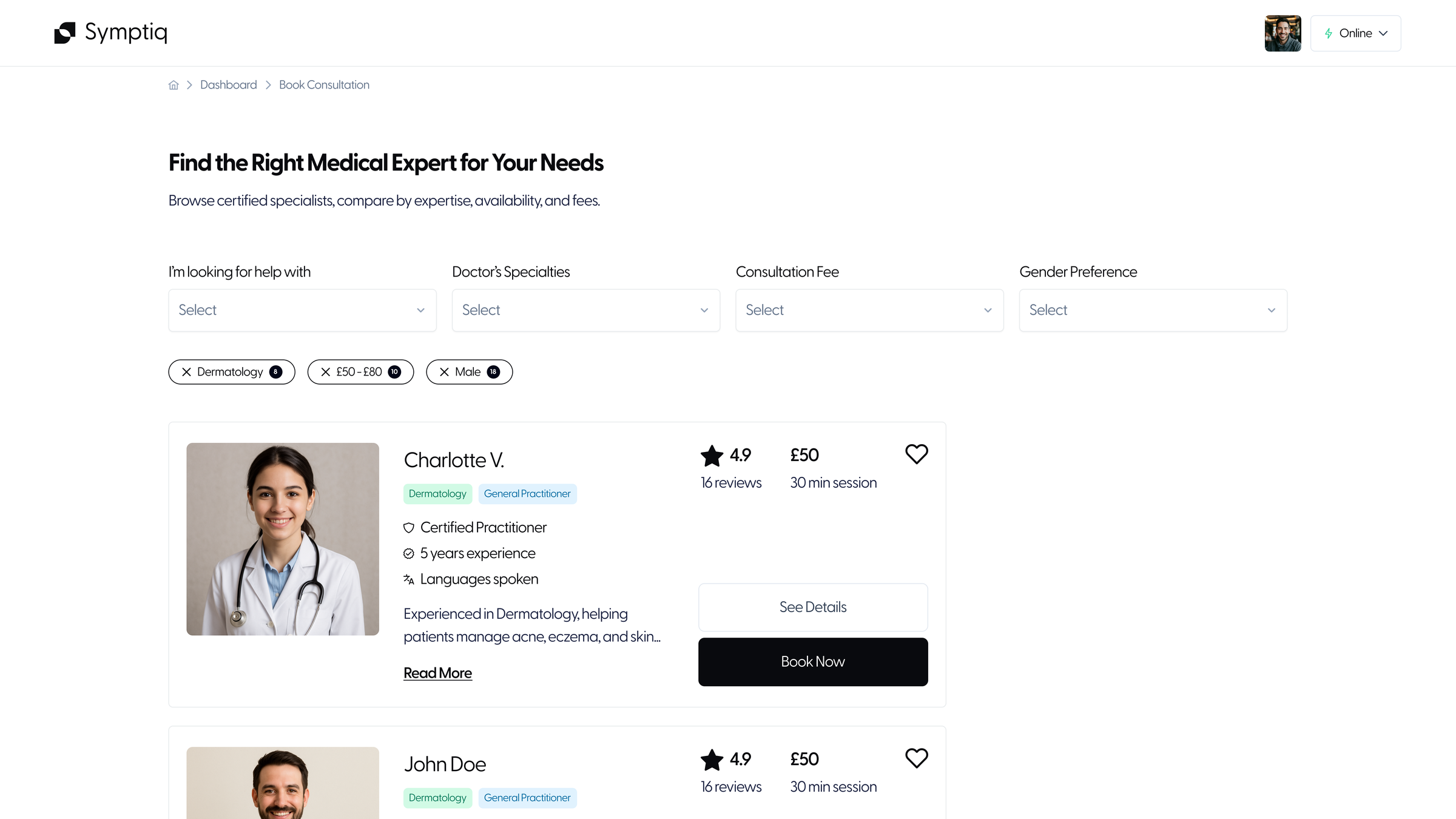 Browse specialists before: four separate filter dropdowns