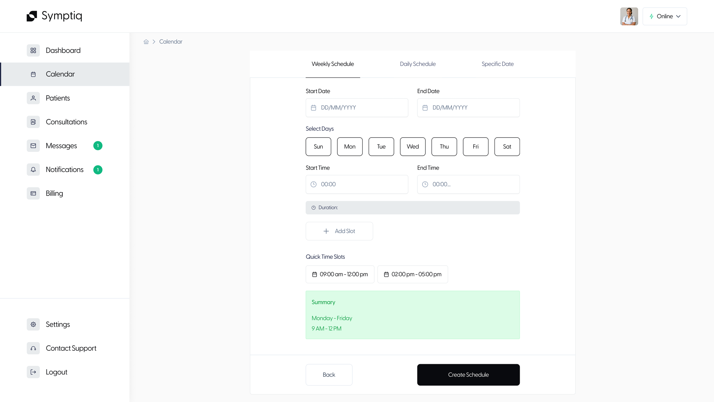 Schedule setup before: a long form of dates, days and times