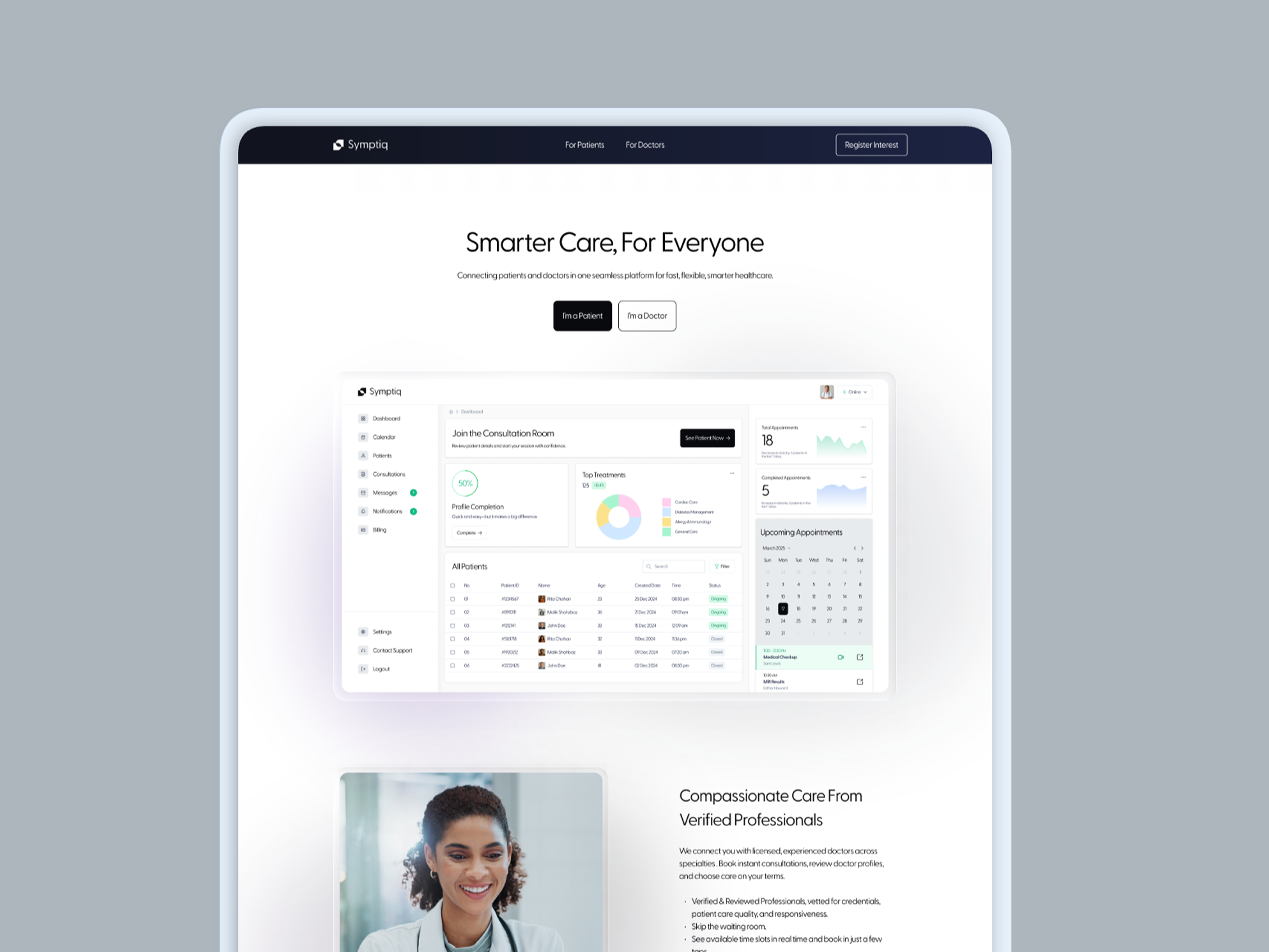 Symptiq landing page — hero: Smarter Care, For Everyone