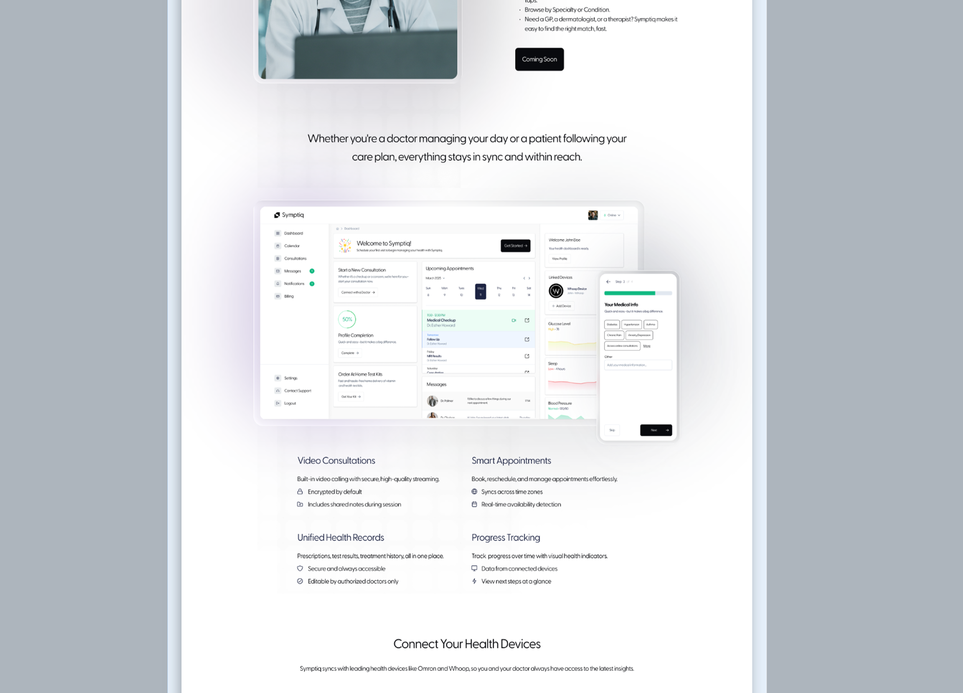 Symptiq landing page — dashboard and feature highlights