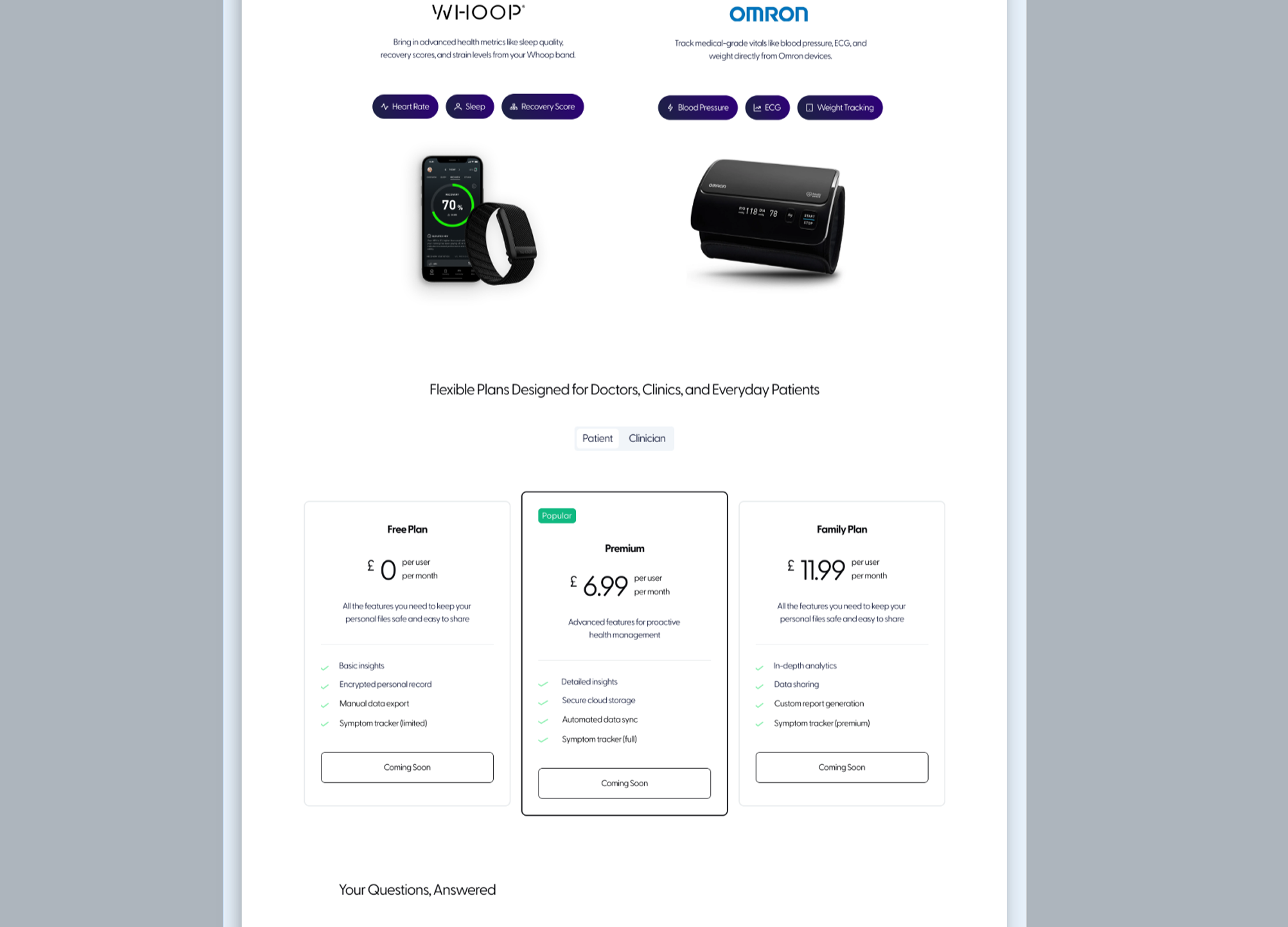 Symptiq landing page — device integrations and pricing plans