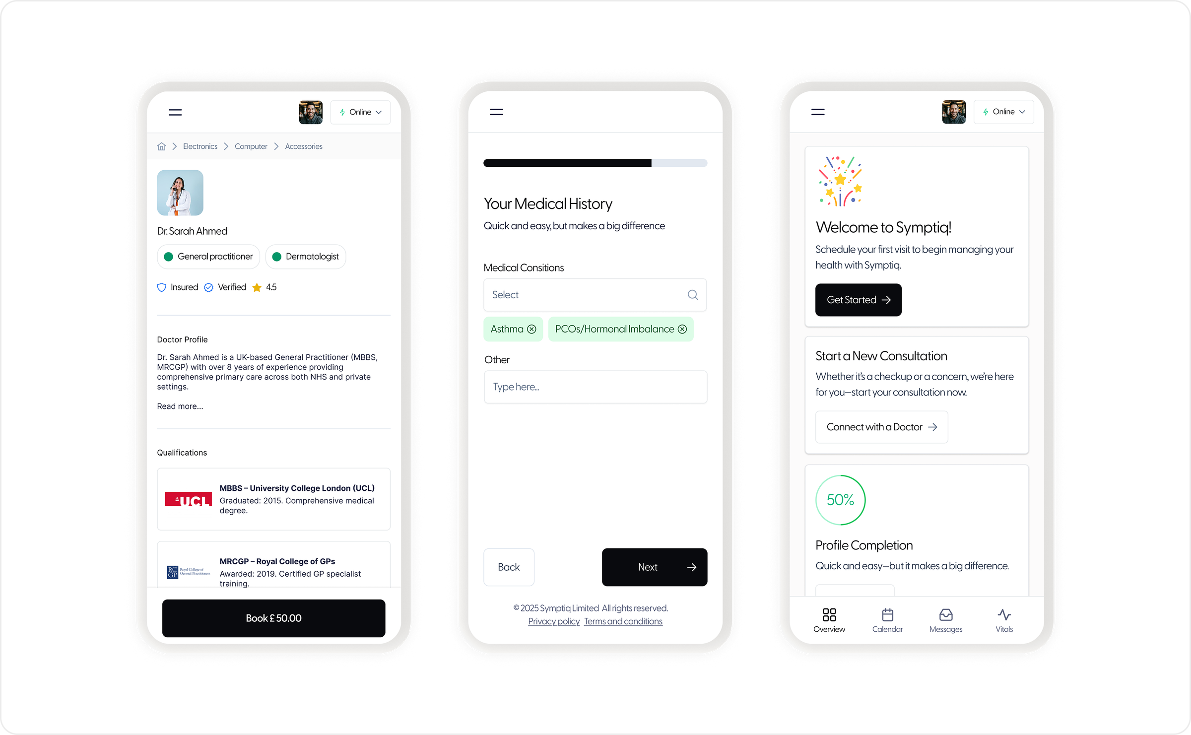 Symptiq on mobile: doctor profile, medical history onboarding, and the patient dashboard