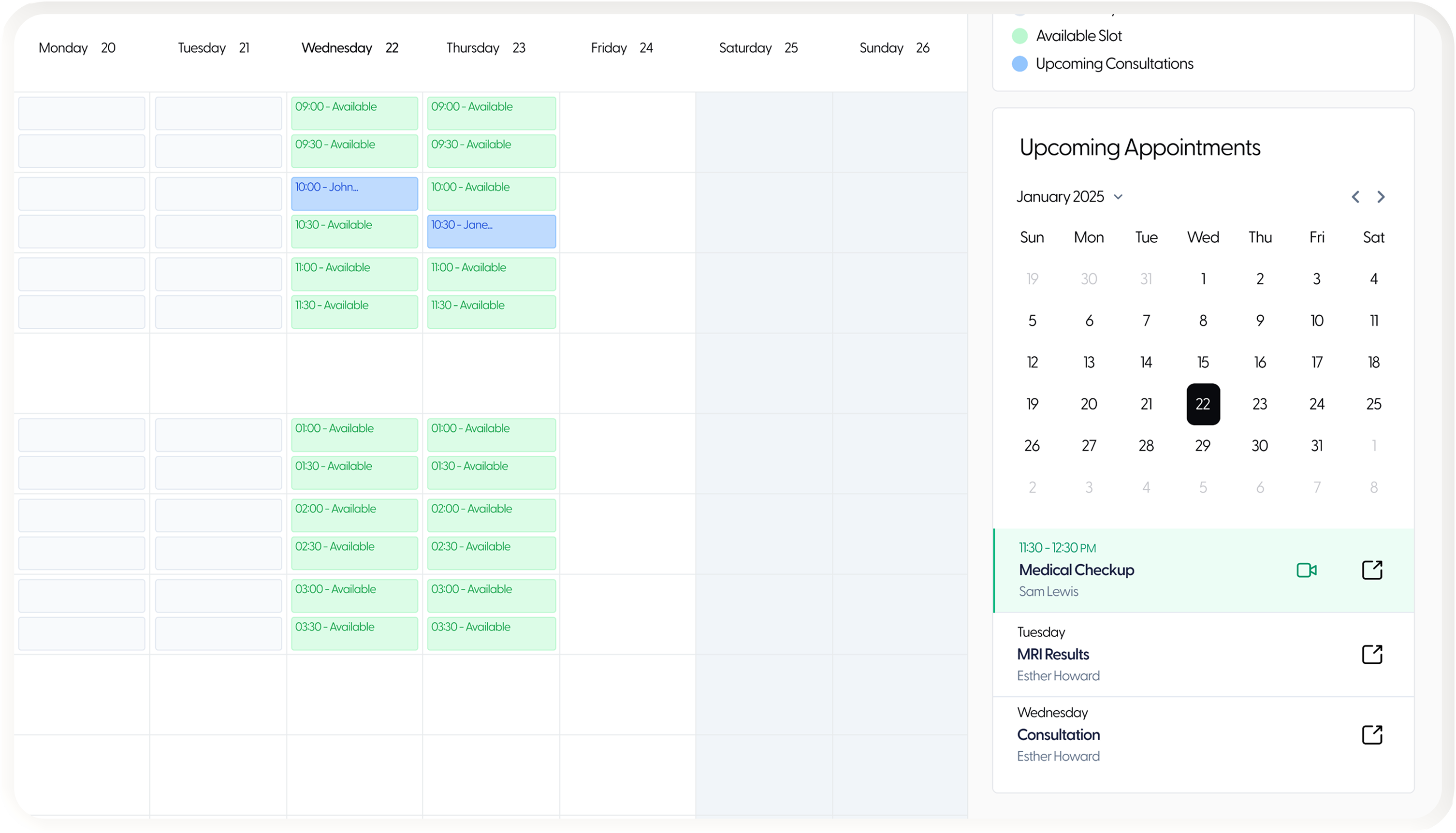 Doctor calendar with availability setup, zoomed in