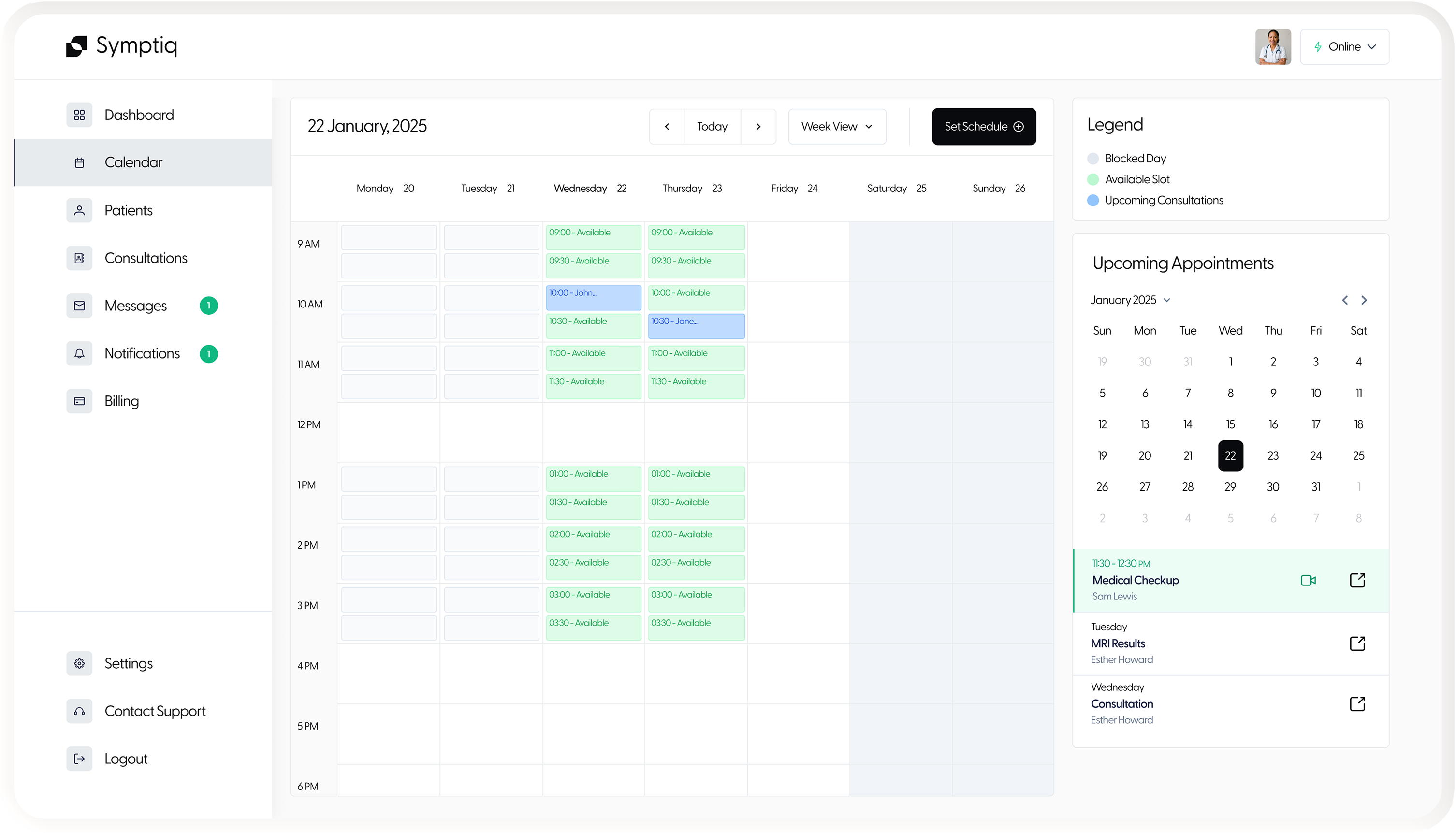 Doctor calendar with availability setup
