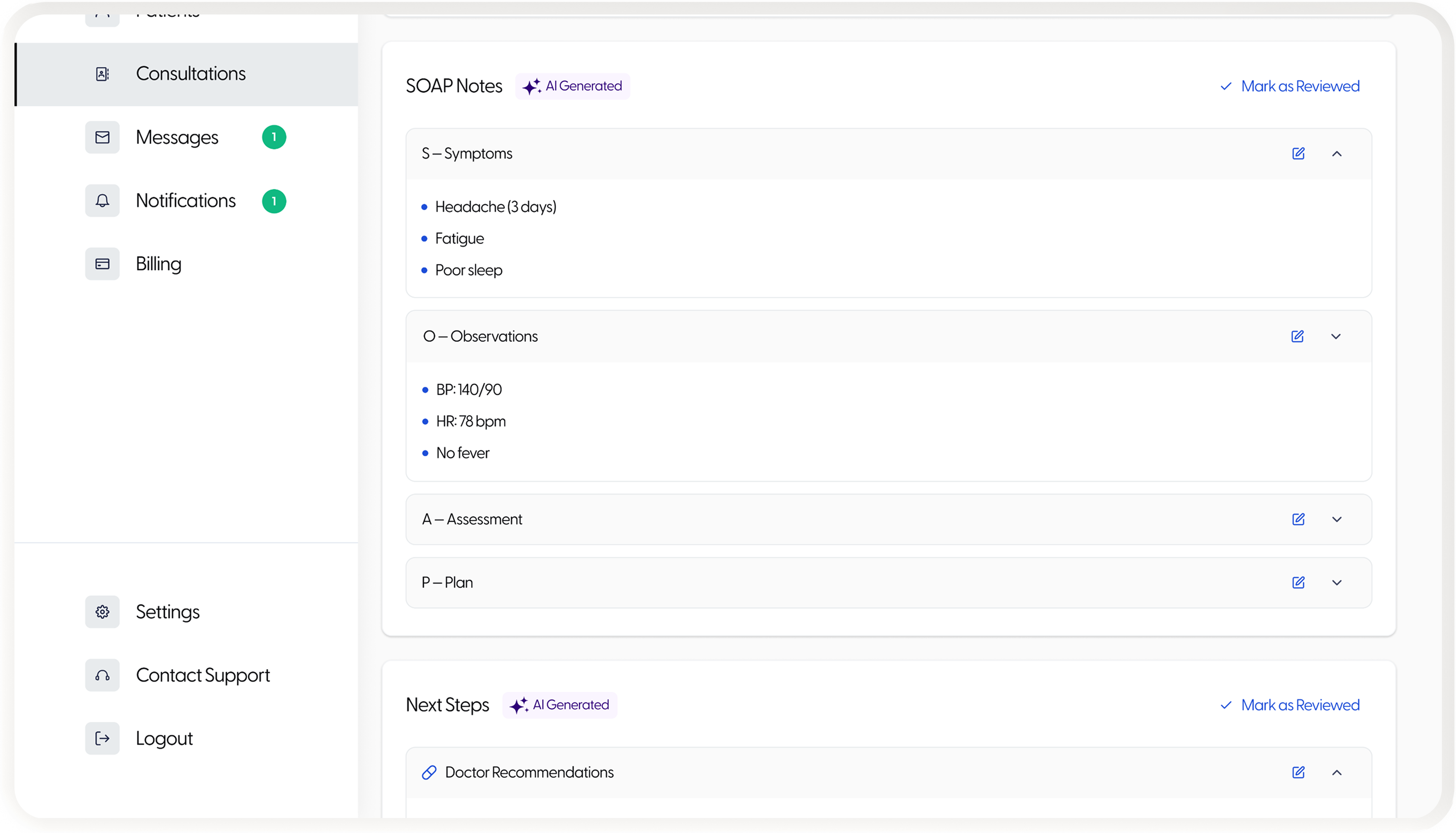 SymNotes — AI-generated SOAP notes, zoomed in