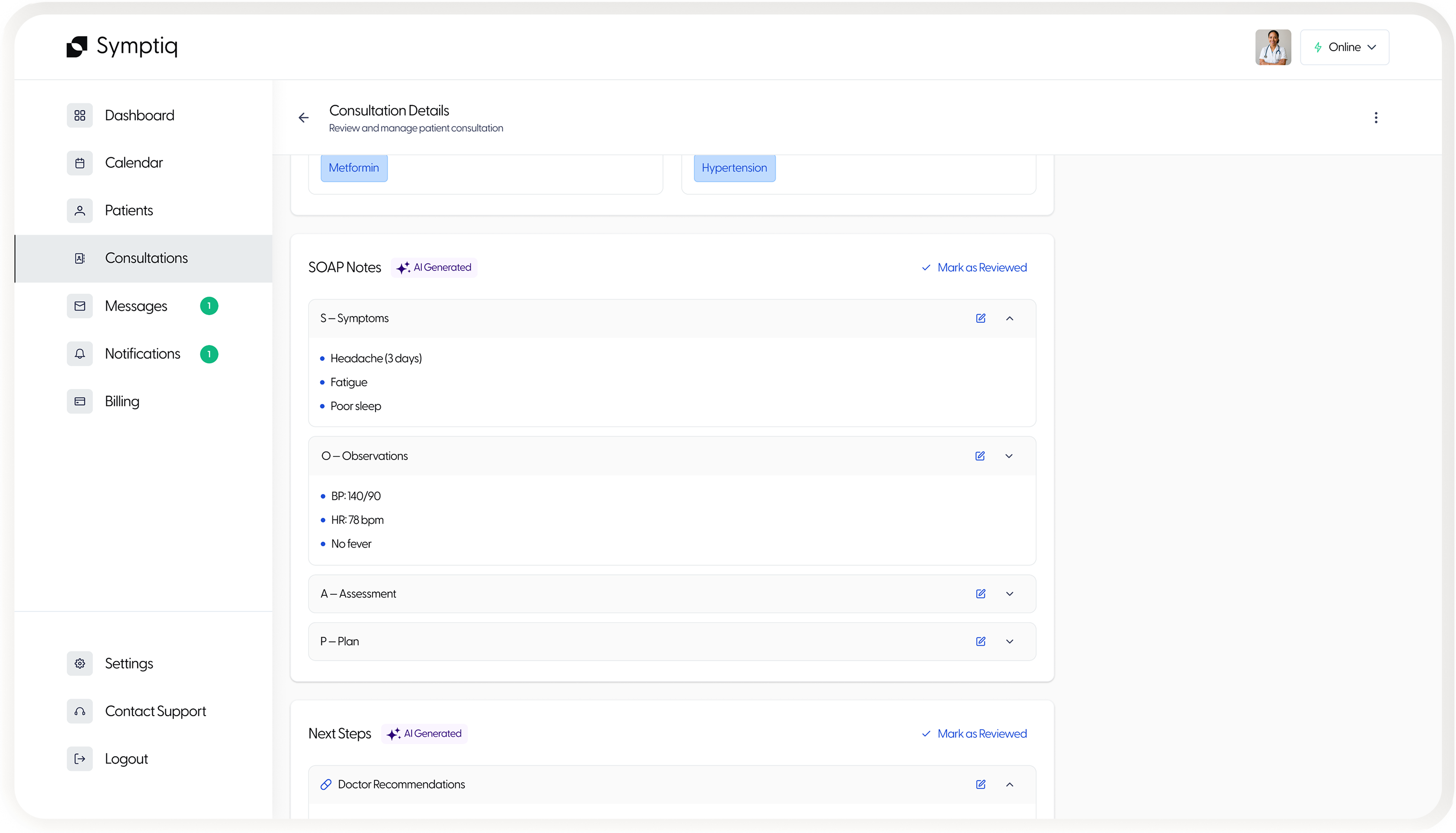 SymNotes — AI-generated SOAP notes in the consultation view