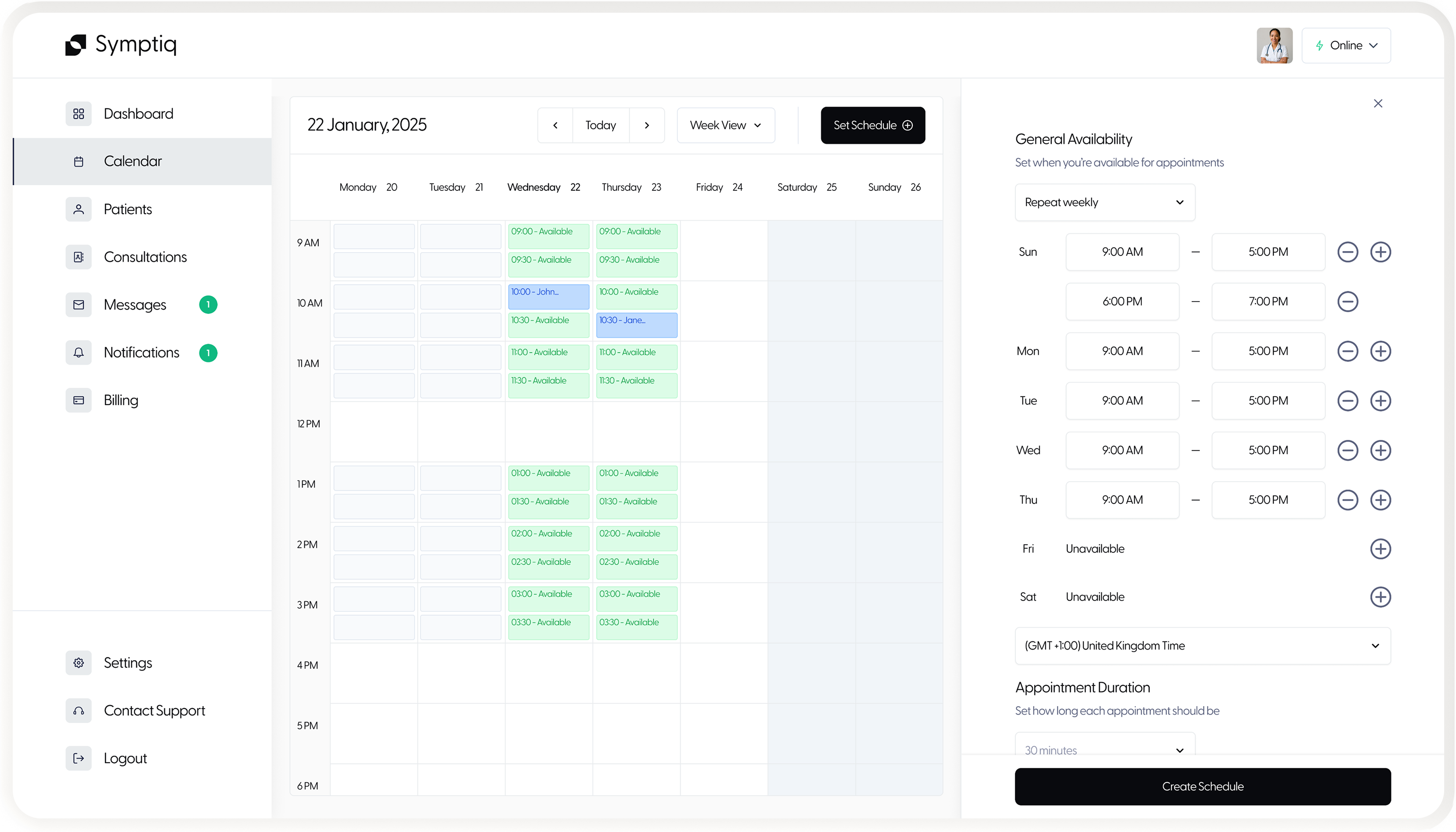Provider schedule setup